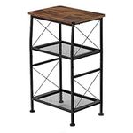 ruboka 3-Tier Small End Tables,Narrow Side Table with Steel Grid Storage Shelves,Slim Nightstand X-Design Sofa Side Table Small Bookshelf Bookcase,Display Rack for Living Room,Bedroom (Rustic Brown)