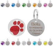 Personalised Engraved Pet ID Tags for Dogs & Cats - Customised with Your Choice of Text on a Round Glitter Paw Print Stainless Steel Tag - Choice of Sizes & Colours (Red, Standard - 25mm)