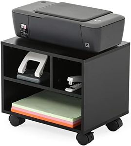 FITUEYES Mobile Printer Stand with Storage, Under Desk Black Wood Small Rolling Printer Table Work Cart with Wheels and 3 Compartment Organizer Spaces for Home Office, 15.7 x 11.8 x 13.8