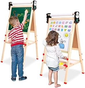 Kids Easel Double Sided Art Easel for Kids with Whiteboard, Chalkboard, Paper Roll, Height Adjustable Kids Easel with Painting Accessories, Educational Gift for Boys and Girls