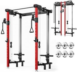 Mikolo Folding Squat Rack, Wall Mounted Power Rack with Cable Crossover Machine & LAT Pull Down, Functional Trainer with 5 Adjustable Function Modes, with Aluminum Pulleys (Red)