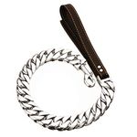 32MM Heavy Duty Pet Leash Chain with Leather Handle Metal Dog Leash, Chew Proof Indestructible Cuban Link Dog Chain for Large & Medium Dogs 90cm