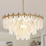 Depuley 12-Light Modern Luxury Crystal Chandeliers, 31.5" Vintage Gold Pendant Light Fixture with 3-Tier Leaf Crystal Glass Lampshade for Living Room Kitchen, Included E12 LED Bulbs UL Listed