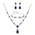 BriLove Wedding Bridal Jewelry Set for Women Cubic Zirconia Teardrop Y-Necklace Link Bracelet Drop Dangle Earrings Sapphire Color Silver-Tone