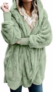 Zilcremo Women Hooded Cardigan Fuzzy Jacket Winter Open Front Fleece Coat Outwear with Pockets Beangreen S