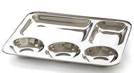 Kitchen kemistry Stainless Steel 5In1 Three Compartment Divided Dinner Plate/Partition Thali/Partition Plate -Set of 2