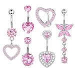 ShinyStyle J4You 6 Pcs Pink Heart Belly Button Ring Dangle for Women Cute Surgical Steel Pink Dangling Belly Rings Belly Button Piercing Belly Piercings Navel Piercings Jewelry, Stainless Steel, cubic