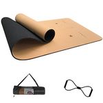 Cork Yoga Mat 6mm (1/4 inch) Thick 72x24 in, Sweatproof NonSlip Eco-friendly, Lightweight TPE foam with Alignment Lines, Great for Hot Yoga, Gym and Exercise, Black Carrying Bag w. Strap Included