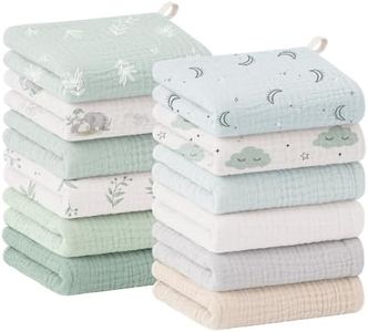 Bearmoss 12 Pack Baby Muslin Washcloths, 100% Cotton Soft Face Towels, 10"x10" Absorbent Bath Wash Cloths and Burp Cloths for Newborn Infants Kids Girls & Boys (Green Elephant)