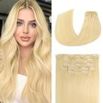 Clip in Hair Extensions Real Human Hair 70G Bleach Blonde 100% Remy Human Hair Extensions 7pcs 16clips for Women(18 Inch #613)