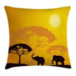 ABAKUHAUS Safari Throw Pillow Cushion Cover, Wildlife Animals Elephants Sun Beams Trees Print Art, Decorative Square Accent Pillow Case, 16 X 16 Inches, Earth Yellow Dark Brown