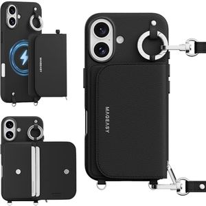 MAGEASY Pouch MagSafe Crossbody Wallet Phone Case for iPhone 16 - Removable Wallet with Strap, 16ft Drop Protection, Card Holder & Coin Pocket Magnetic Purse Compatible with MagSafe (Black)