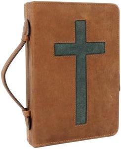 ELIZO Leather Bible Cover Bible Case for Men Women Genuine Leather Bible Bag Holder Cross Large Carrying with Zipper Case Protector Christian Religious Gifts for Mens Pioneer (Saddle/Cross, Standard)