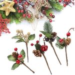 Nuxn 20pcs Mini Red Berry Stems Artificial Pine Picksâ€‚Berries Branches with Green Leaves Decor on Wire for Christmas Tree Decorations Flower Wreath DIY Craft Greeting Cards Flowers