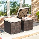 ORALNER 16" Outdoor Ottoman, Set of 2 Wicker Ottoman with Storage, All-Weather Rattan Cube Footstool w/Removable Cushions, Square Foot Rest Seating for Patio, Porch, Deck, Easy Assembly (Cream)