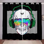 Homewish Music Skull Curtain Boys Teens White Stripes Curtains Kids Child Modern Punk Rock Headphones Window Curtain For Bedroom Darkening Thermal Drapes 2 Panels 46"X54"