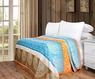 DaDa Bedding Flannel Throw Blanket - Papaya Beach Exotic Warm Fleece - Soft Bright Vibrant Striped Paisley - Multi Colorful Orange Blue - 80" x 90"