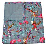 The Ethnic Crafts Grey Kantha Quilt, Indian Kantha Blanket, Queen Quilt, Bird Print Kantha Throw, Handmade Kantha Embroidered Bedspread,