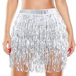 Lusofie Sequins Skirt Silver Belly Dance Hip Skirt Tassel Skirt Latin Sparkle Skirt Fringe Rave Skirt Outfit for Women Girls(Tie-up Around Waist, S)