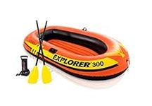INTEX 58332EP Explorer 300 Inflatable Boat Set: Includes Deluxe Aluminum Oars and Mini Hand-Pump – 3-Person – Dual Air Chambers – Grab Rope – 410lb Weight Capacity