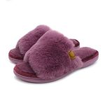 Onmygogo Rabbit hair Indoor Slippers for Women Open Toe with Memory Foam, Soft Faux Fur Nonslip House Slippers(Plum,M)