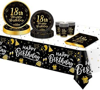 TOPWAYS 18 Anni Compleanno Oro Nero Carta Piatti Set, Carta Piatti Tazze Tovaglia Stoviglie 18 Anni Compleanno Decorazione Regalo di Festa per Ragazza Ragazzo 16 Ospiti (18 Anni buon compleanno)