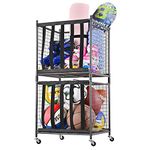 Mythinglogic Rolling Sports Ball Storage Cart, Sports Lockable Ball Storage Locker with Elastic Straps, Stackable Ball Cage for Garage Storage Garage Organizer,Ball bin up to 12 Balls, 2 Pack,Black
