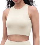 ODODOS Racerback Tank Bra for Women High Neck Non Padded Medium Support Sports Bra Workout Yoga Crop Tops, Oat Milk, X-Large