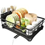 SAYZH Dish drying Rack, Dish Drainer Rack with Auto Swivel Drainage Spout for Kitchen Counter, Dish Rack with Utensils Holder, Cup Rack, Large Capacity Sink Dish Draining Rack (Black)