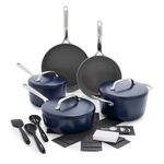 GreenPan GP5 Hard Anodized Healthy Ceramic Nonstick 14 Piece Cookware Pots and Pans Set,Heavy Gauge Scratch Resistant,Stay-Flat Surface, Induction, Mirror Finish Handle,Oven Safe,PFAS-Free, Blue