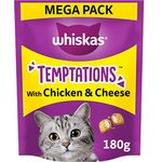 WHISKAS Temptations - Tasty, Crunchy Treats for Adult Cats, Small Bite Size Snacks with a Delicious Chicken and Cheese Filling, 4 x 180 g Packets - Pack May Vary