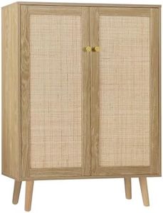 Anmytek Rattan Cabinet, 44" H Tall Sideboard Storage Cabinet with Crafted Rattan Front, Entryway Shoe Cabinet Wood 2 Door Accent Cabinet with Adjustable Shelves Rustic Oak, H0030