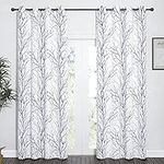 NICETOWN 84 Inch Curtains - Room Darkening Curtains Navy Blue/Grey Branch Art Pattern Print on Greyish White Blackout Drape Panels, Living Room Curtain, W52 x L84, One Pair Set