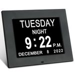 Digital Calendar Day Clock - 8 inch Black Extra Large Impaired Vision Dementia Clock for Elderly Impaired Vision Memory Loss, Programmable Medication Reminder, Hourly Chime