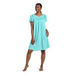 Miss Elaine Nightgown - Women's Short Tricot Nightgown, Flutter Sleeves and Premium Lightweight Fabric, Embroidered Neckline, Aquamarine, S