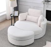 The Bckoo Art Linen Accent Swivel Barrel Sofa Chair/Big Round Club Lounge Chair with Storage Ottoman and Pillows for Living Room/Bedroom/Office (Beige2)