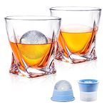 veecom Whisky Glass, 300ml Twist Whiskey Glasses, Crystal Whisky Glasses Set of 2 with Ice Molds, 0ld Fashioned Whiskey Glass Tumblers for Cocktails Gin Rum Cognac, Whisky Glass Gift Set