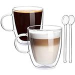 Joeyan 400ml Double Walled Glass Coffee Mug - Set of 2 Large Latte Glasses with Spoons - Double Insulated Glass Coffee Cups with Handle for Hot and Cold Drink