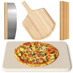 4 PCS Rectangle Pizza Stone Set, 15" Large Pizza Stone for Oven and Grill with Pizza Peel(OAK), Pizza Cutter & 10pcs Cooking Paper for Free, Baking Stone for Pizza, Bread