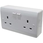 13 Amp 2 Gang Wall Socket and 32mm Surface Box with Knockouts for Conduit and Mini-Trunking