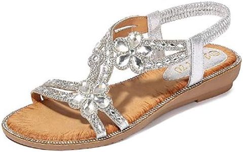 Yicornchen Women's T-Strap Beaded Flower Rhinestone Flat Sandals Dress Beach Shoes Silver Size: 7