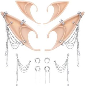 FRESHME Fairy Elf Ears with Piercings Set, Renaissance Elven Ear Cuffs with Sliver Pearl Tassel Earrings Vintage No Pierced Ear Clips Wraps for Women Cosplay Masquerade Dress Up Costume Accessories