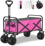 Ribitek Beach Wagon Cart with Big Wheels for Sand, Outdoor All-Terrain Folding Wagon, Collapsible Wagon with Adjustable Handle for Camping, Sports, Shopping(Pink)