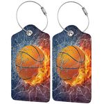 2 Pcs Basketball Luggage Tags for Boys Mens Suitcases for Travel, Sport PU Leather Name Labels Tag Bag Tags with Steel Stainless Loop and Full-Width Design Cover & Address Card