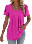 isermeo Womens 2024 Trendy Eyelet Blouse Square Neck Shirts Ruffle Short Sleeve Basic Tee Shirts Tops Pink XL