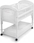 Arm’s Reach Cambria Co-Sleeper Bedside Bassinet Featuring Height-Adjustable Legs, Curved Wooden Ends, Breathable Mesh Sides with Pockets, and Large Lower Storage Basket, White