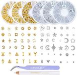 DANNEASY 3d Nail Charms Metal Nail Art Studs Gold Nail Jewels Silver Hollow Star Moon Shell Flower Manicure Decoration Salon with 1pc Curved Tweezers, Wax Pen (6 Wheels)