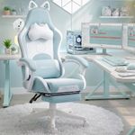 Dowinx Gaming Chair Cute with Cat Ears and Massage Lumbar Support, Ergonomic Computer Chair for Girl with Footrest and Headrest, Comfortable Reclining Game Chair 290lbs for Adult, Teen, Blue Green