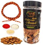 Velour Shoppe Rakhi Traditional Nostalgic Dhaga Tikka Gift for Brother-Thread Moli, Roli, Chawal, Chandan, Mishri with Badam Jar, 250gms for Bhaiya