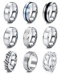 LOLIAS 9 Pcs Silver Men Rings Stainless Steel Matte Finish Polished Band Rings Chain Rings Bottle Opener Rings Wedding Band Engagement Promise Thumb Rings Vintage Fidget Ring